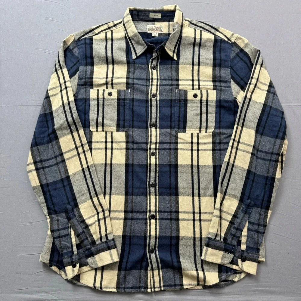 J. Crew Mid-Weight Flannel Shirt Men XLT Blue Cream Plaid Double Brushed Classic